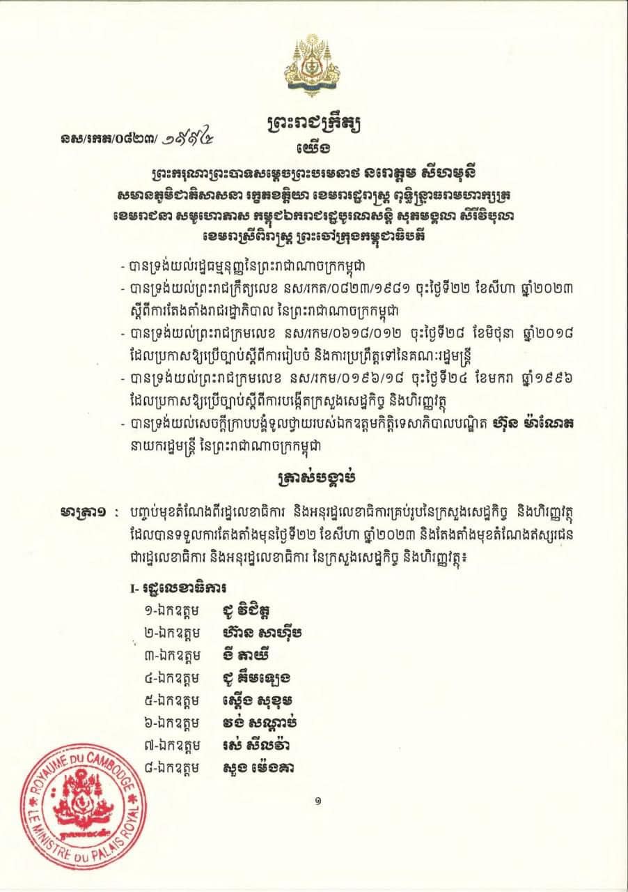 ព្រះរាជក្រឹត្យស្តីពីការតែងតាំងមុខតំណែងឥស្សរជនជារដ្ឋលេខាធិការ និងអនុរដ្ឋលេខាធិការ នៃក្រសួងសេដ្ឋកិច្ច និងហិរញ្ញវត្ថុ